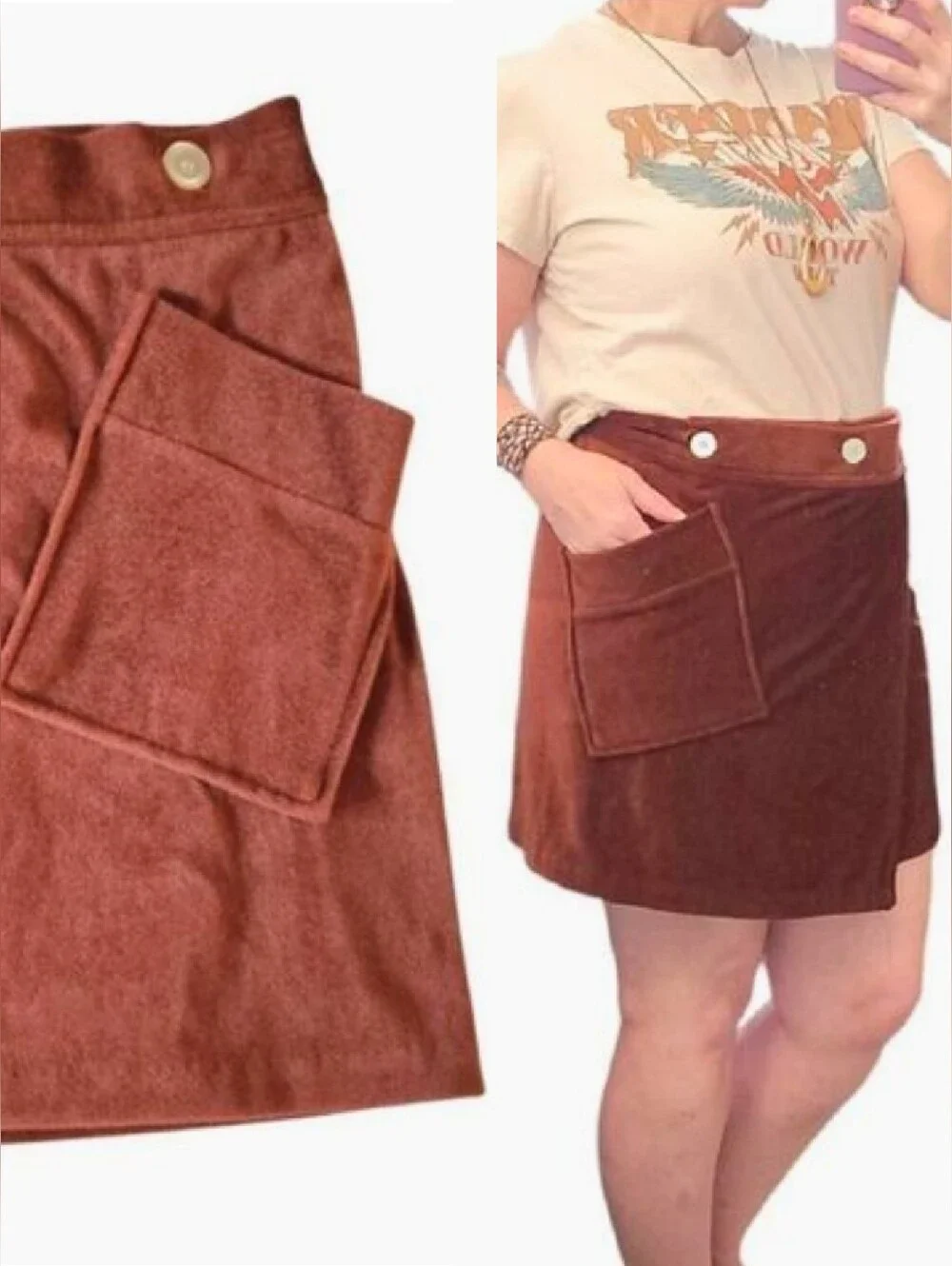 VTG Velvety Brown Wrap Around Mini Skirt‎ w/ Large Pocket O/S *Medium Festie